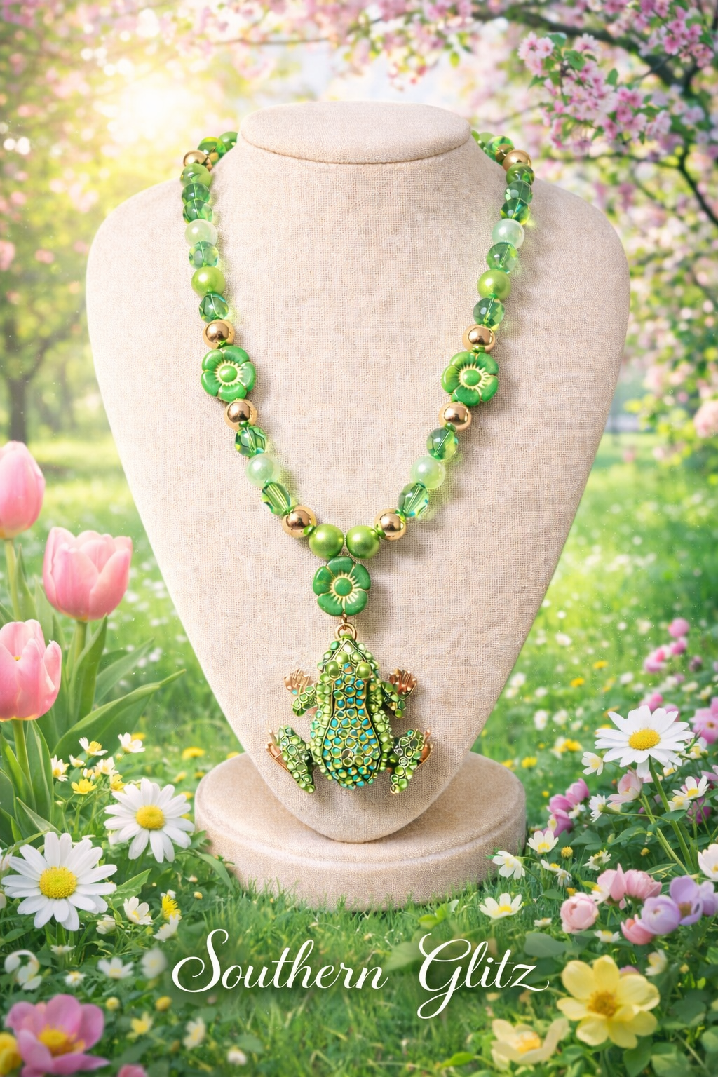 Whimsical Spring Frog Statement Necklace | Green Beaded Frog Pendant Necklace | Garden-Inspired Jewelry | Southern Glitz