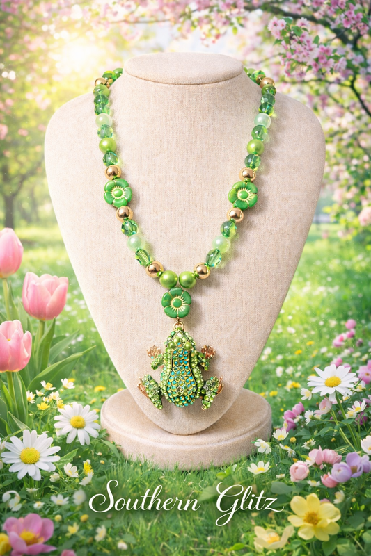 Whimsical Spring Frog Statement Necklace | Green Beaded Frog Pendant Necklace | Garden-Inspired Jewelry | Southern Glitz