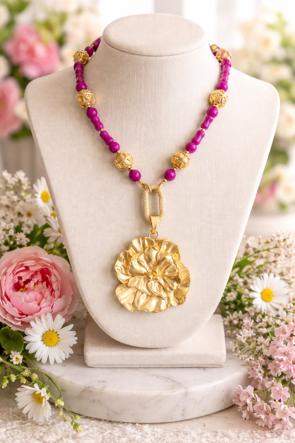 Bold Pink & Gold Flower Statement Necklace | Spring Floral Pendant Necklace | Elegant Handmade Jewelry | Mother’s Day Gift | Southern Glitz