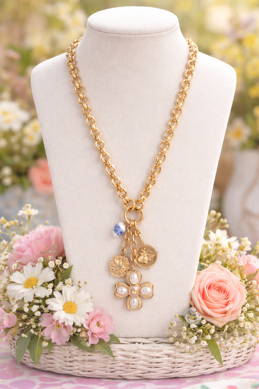 Southern Glitz Gold Charm Necklace – Pearl Flower Pendant with Bee & Porcelain Charm, Spring Statement Necklace, Elegant Vintage Inspired Jewelry