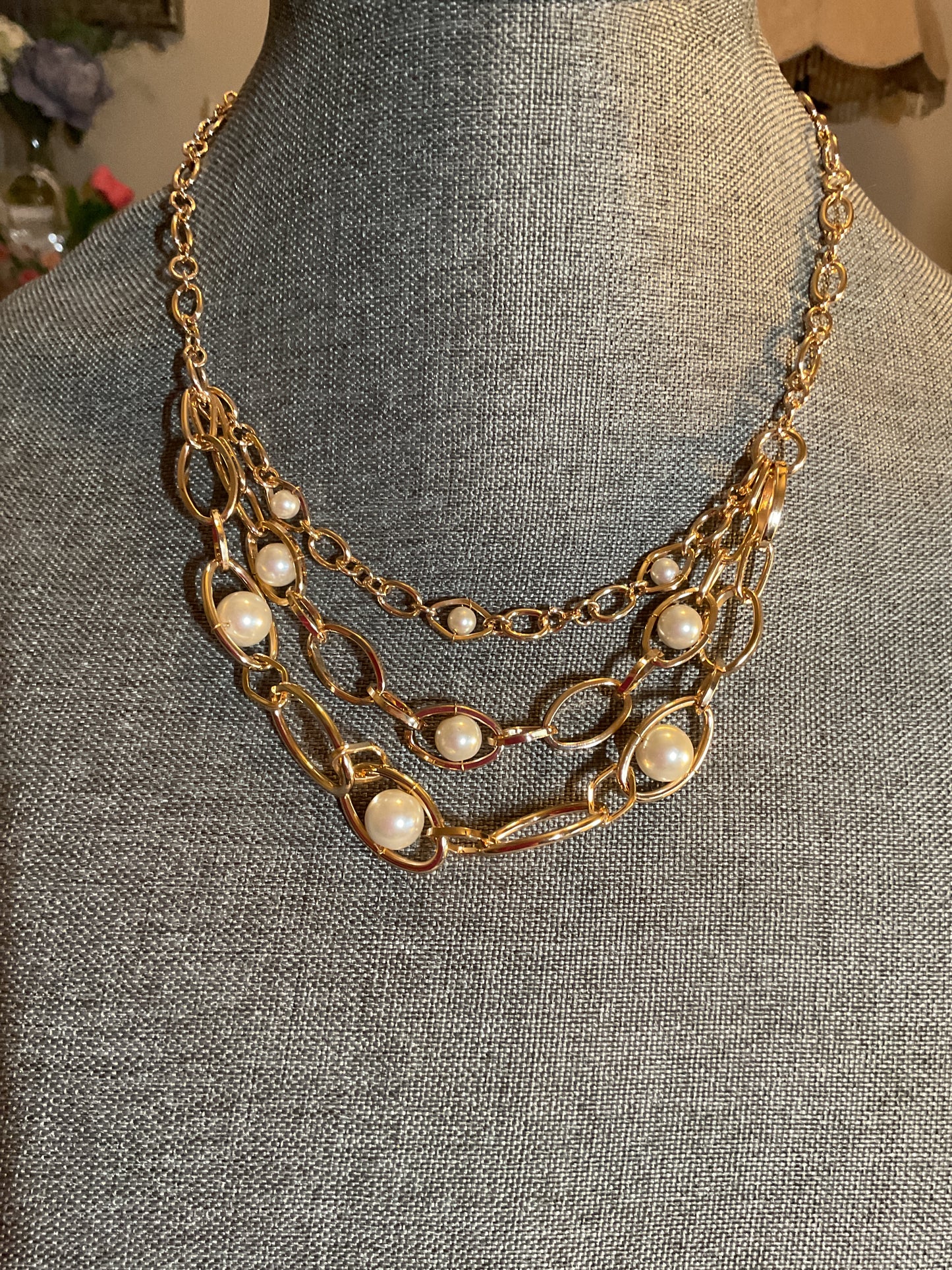 Multilayer gold chain necklace with pearl accents