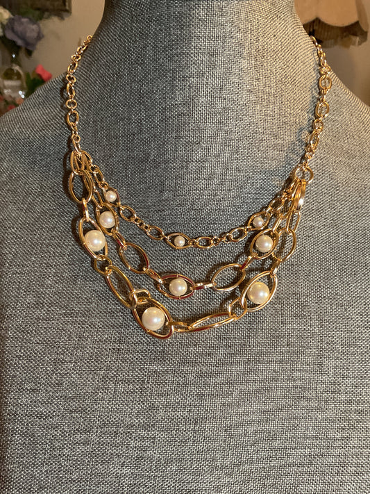 Multilayer gold chain necklace with pearl accents