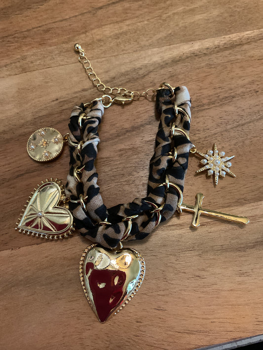 Leopard print scarf bracelet with gold charms