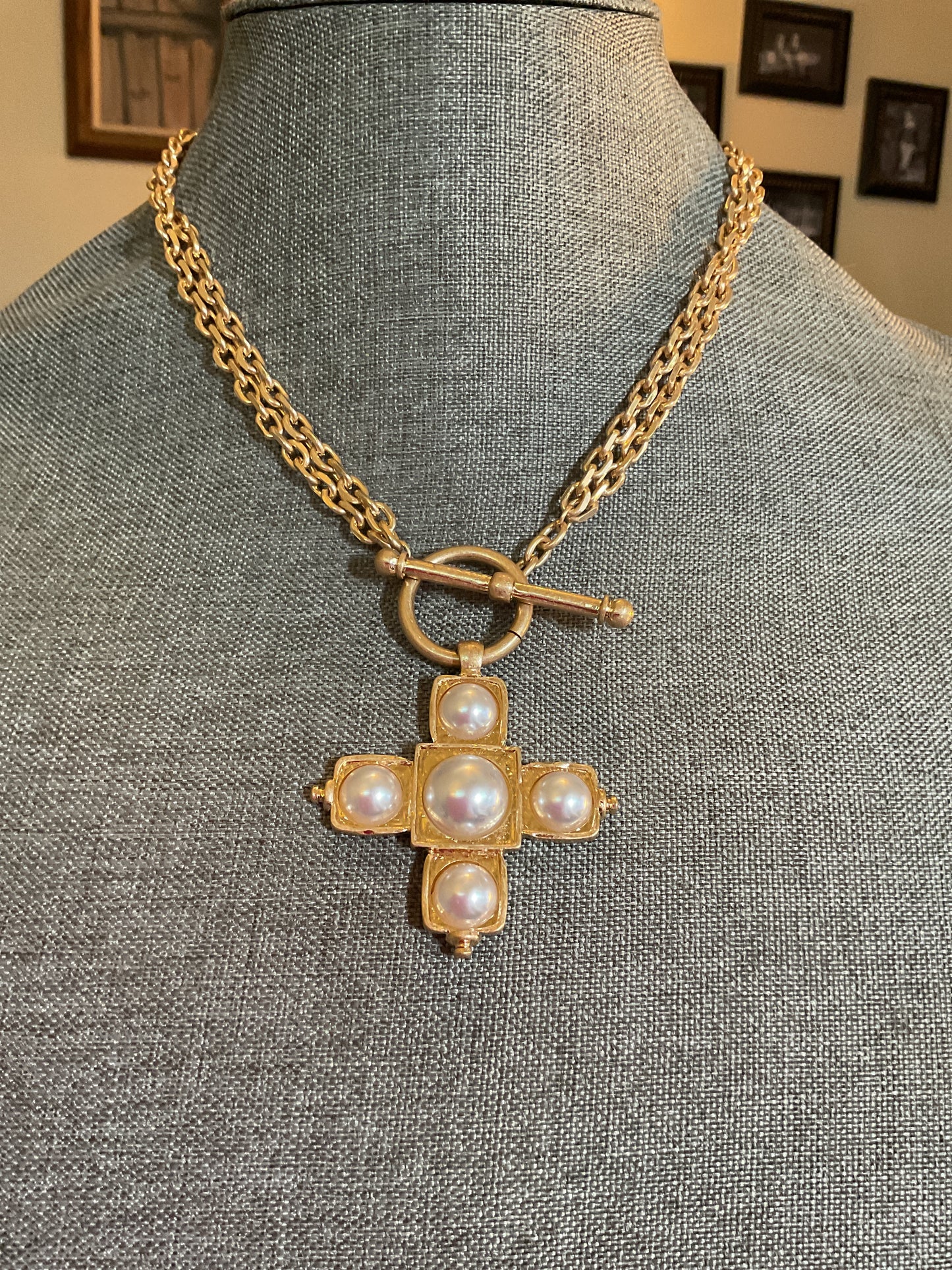 Gold double strand chain necklace with toggle closure, and pearl cross pendant