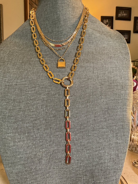 Multi layer gold chain necklace with lock pendant