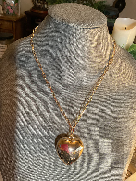 Gold link chain with large puff heart pendant