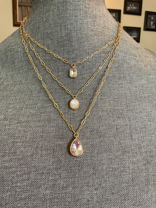 Multi layer gold chain necklace with clear stone pendants