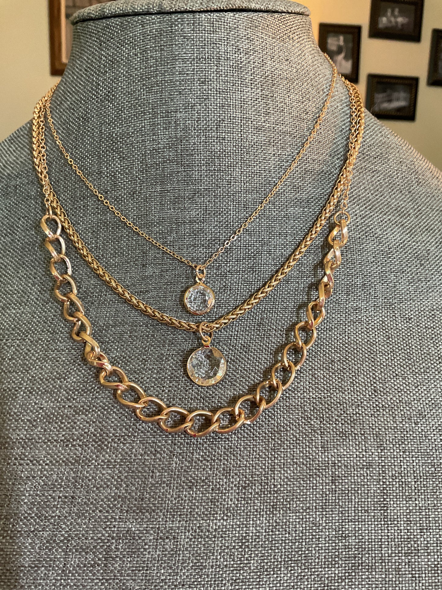 Multi layer gold chain necklace with clear stone pendants