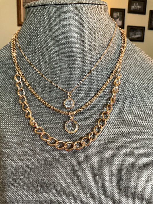 Multi layer gold chain necklace with clear stone pendants