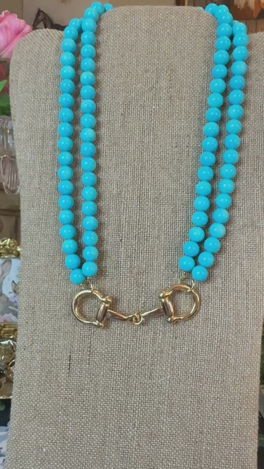 Southern Glitz Turquoise color Double Strand Necklace | Gold Horsebit Clasp Necklace | Western Statement Jewelry | Coastal Cowgirl Style