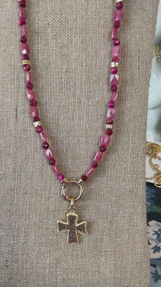 Southern Glitz Pink Cross Pendant Necklace | Gold Cross Statement Necklace | Feminine Faith Jewelry | Spring Floral Boutique Style