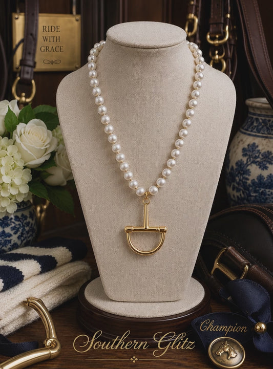 Pearl Equestrian Stirrup Necklace, Gold Horse Bit Pendant Necklace, Horse Lover Jewelry, Classic Southern Necklace, Equestrian Gift