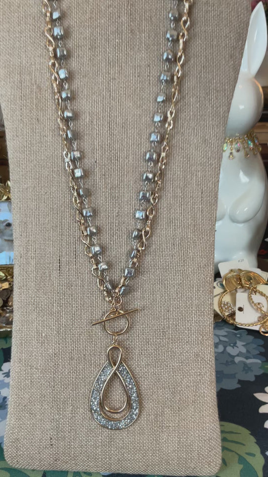 Gold Teardrop Statement Necklace | Layered Chain & Silver Beaded Necklace | Toggle Clasp Pendant Necklace | Southern Glitz Jewelry
