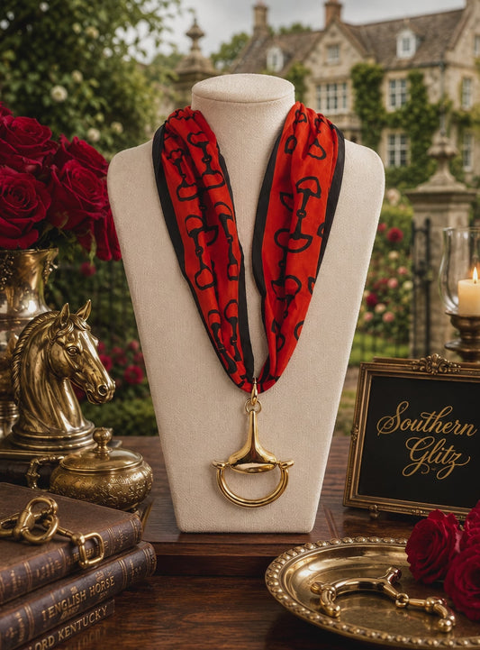 Red & Black Equestrian Scarf Necklace, Gold Horse Bit Pendant, Horse Lover Jewelry, Statement Scarf Necklace, Equestrian Gift