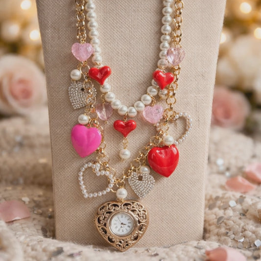 Unique Multi Heart Charm Necklace with pearls and Vintage clock heart pendant