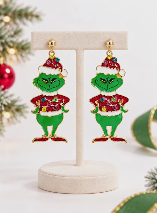 Festive Green Christmas Character Dangle Earrings