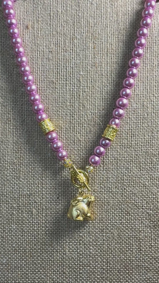 Pink/purple Pearl Statement Necklace with Gold Charm – Feminine Spring Jewelry – Elegant Pearl Necklace – Boutique Jewelry – Southern Glitz