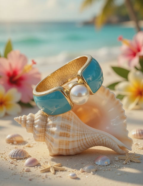 Turquoise color Enamel Pearl Cuff Bracelet, Gold Tone Statement Bangle, Boutique Summer Jewelry, Coastal Chic Bracelet