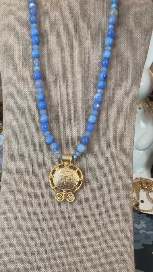 Blue Beaded Statement Necklace with Gold Medallion | Handmade Southern Style Jewelry | Elegant Everyday or Dressy Piece | Southern Glitz