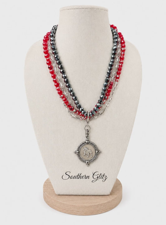 Georgia Bulldog Beaded Necklace, Red Black Game Day Necklace, Silver Bulldog Pendant, Georgia Fan Jewelry, Statement Necklace