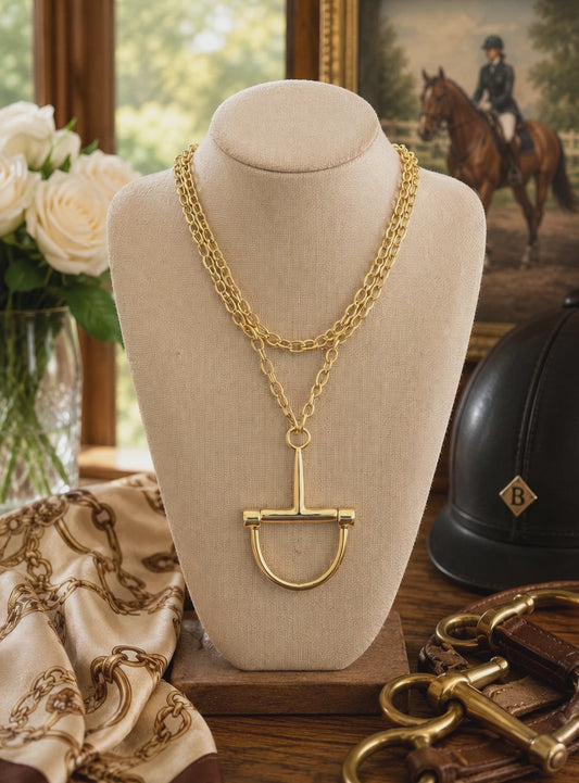 Gold Equestrian Statement Necklace, Layered Chain Horse Bit Pendant, Horse Lover Jewelry, Elegant Equestrian Gift